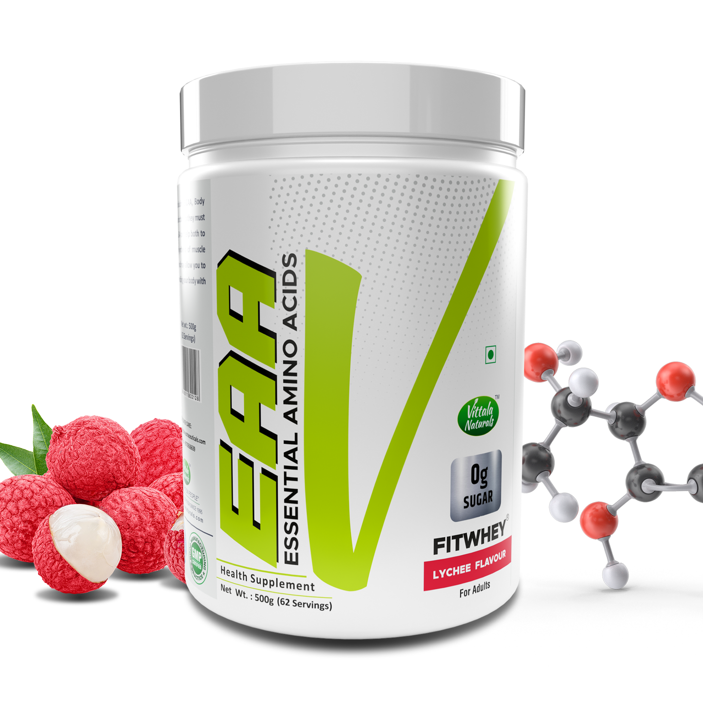 "Fitwhey EAA (Essential Amino Acids) - BCAA (Leucine, Isoleucine, Valine 2:1:1), Pre Workout - Lychee flavor | 62 servings "