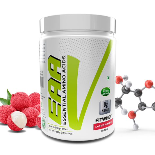 "Fitwhey EAA (Essential Amino Acids) - BCAA (Leucine, Isoleucine, Valine 2:1:1), Pre Workout - Lychee flavor | 62 servings  "