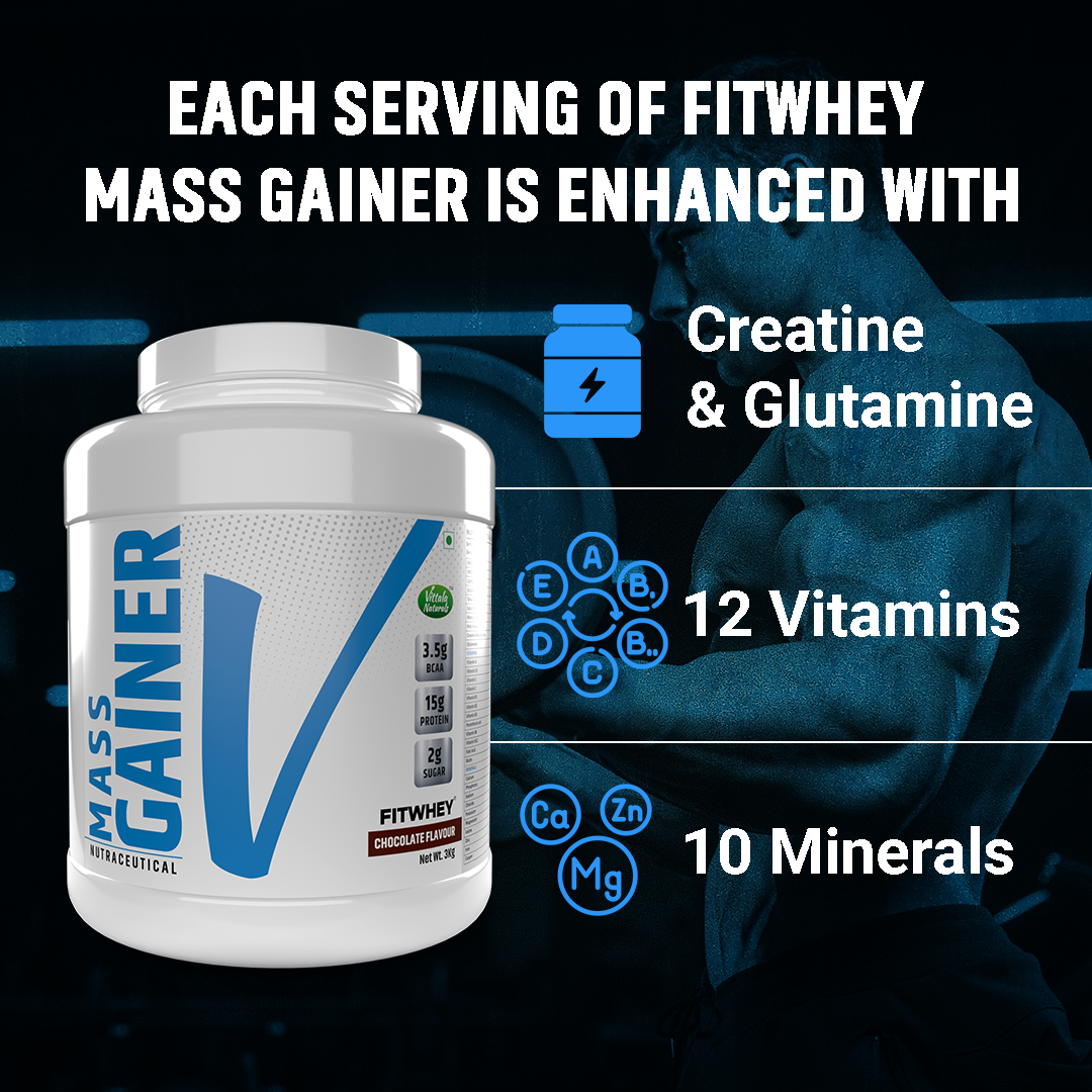 Fitwhey Mass Gainer with Whey Protein, Creatine Monohydrate & L-Glutamine | Enriched with Multivitamins & Minerals | 30 servings