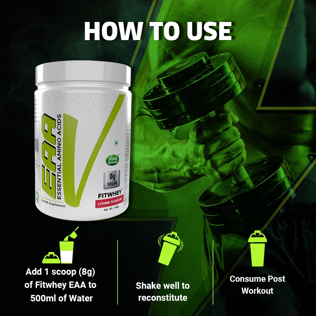 "Fitwhey EAA (Essential Amino Acids) - BCAA (Leucine, Isoleucine, Valine 2:1:1), Pre Workout - Lychee flavor | 62 servings "