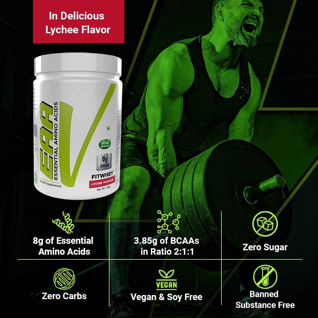 "Fitwhey EAA (Essential Amino Acids) - BCAA (Leucine, Isoleucine, Valine 2:1:1), Pre Workout - Lychee flavor | 62 servings "