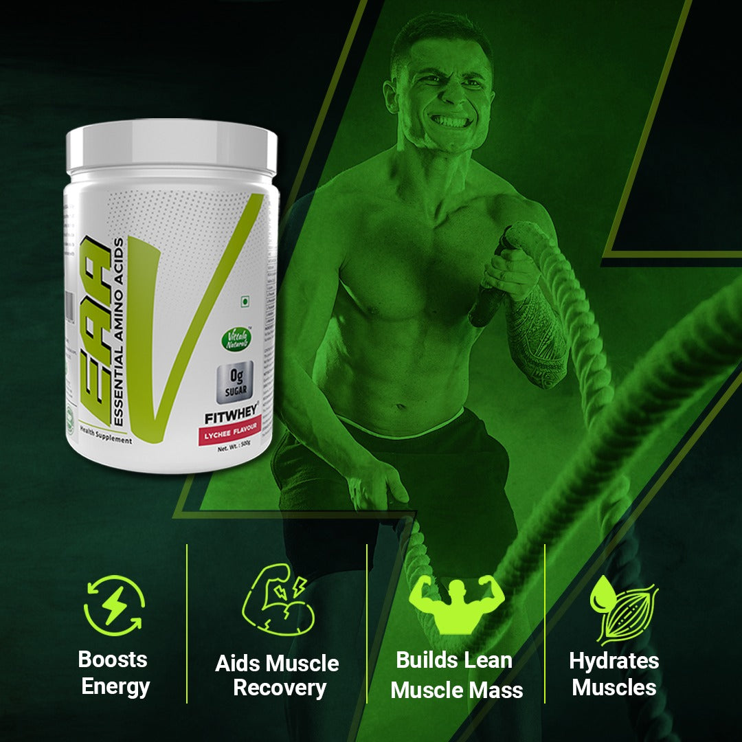 "Fitwhey EAA (Essential Amino Acids) - BCAA (Leucine, Isoleucine, Valine 2:1:1), Pre Workout - Lychee flavor | 62 servings "