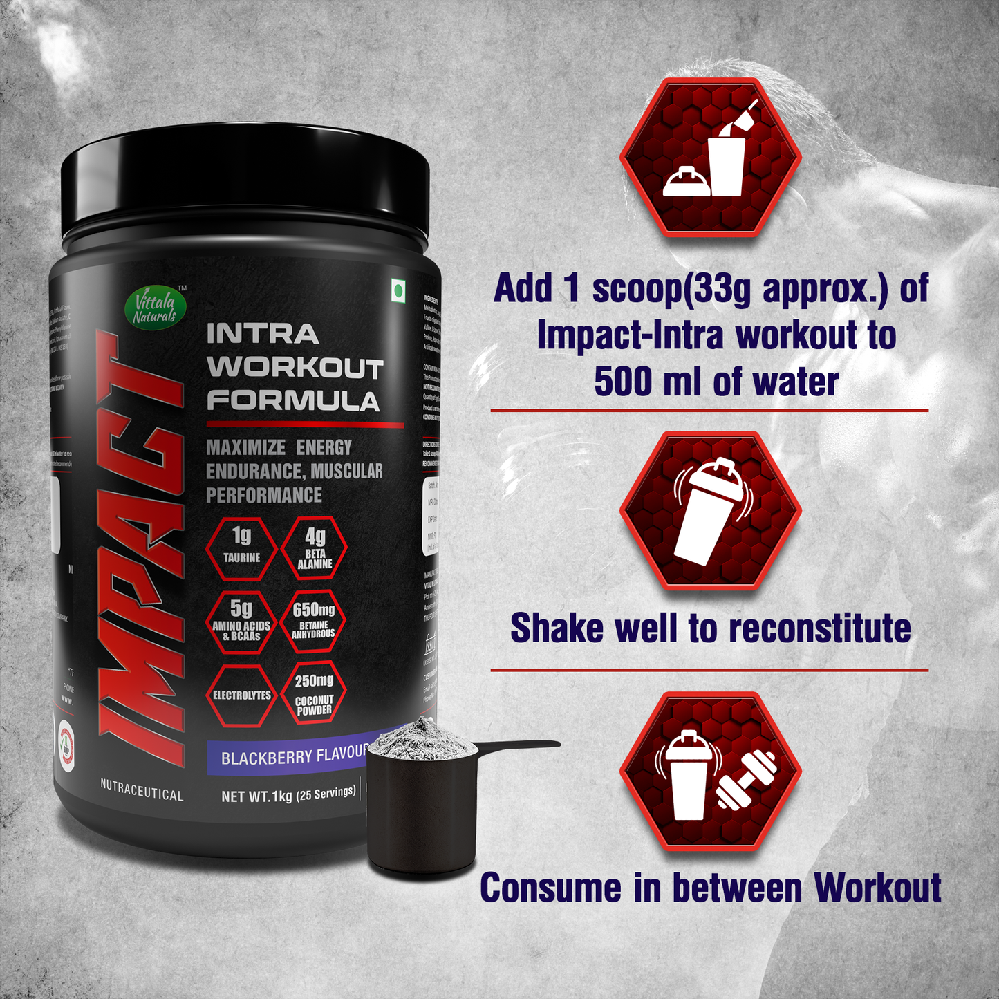 Impact Intra Workout Formula with beta alanine, taurine ,amino acids & BCAAs, electrolytes for building the muscles and enhancing the overall performance