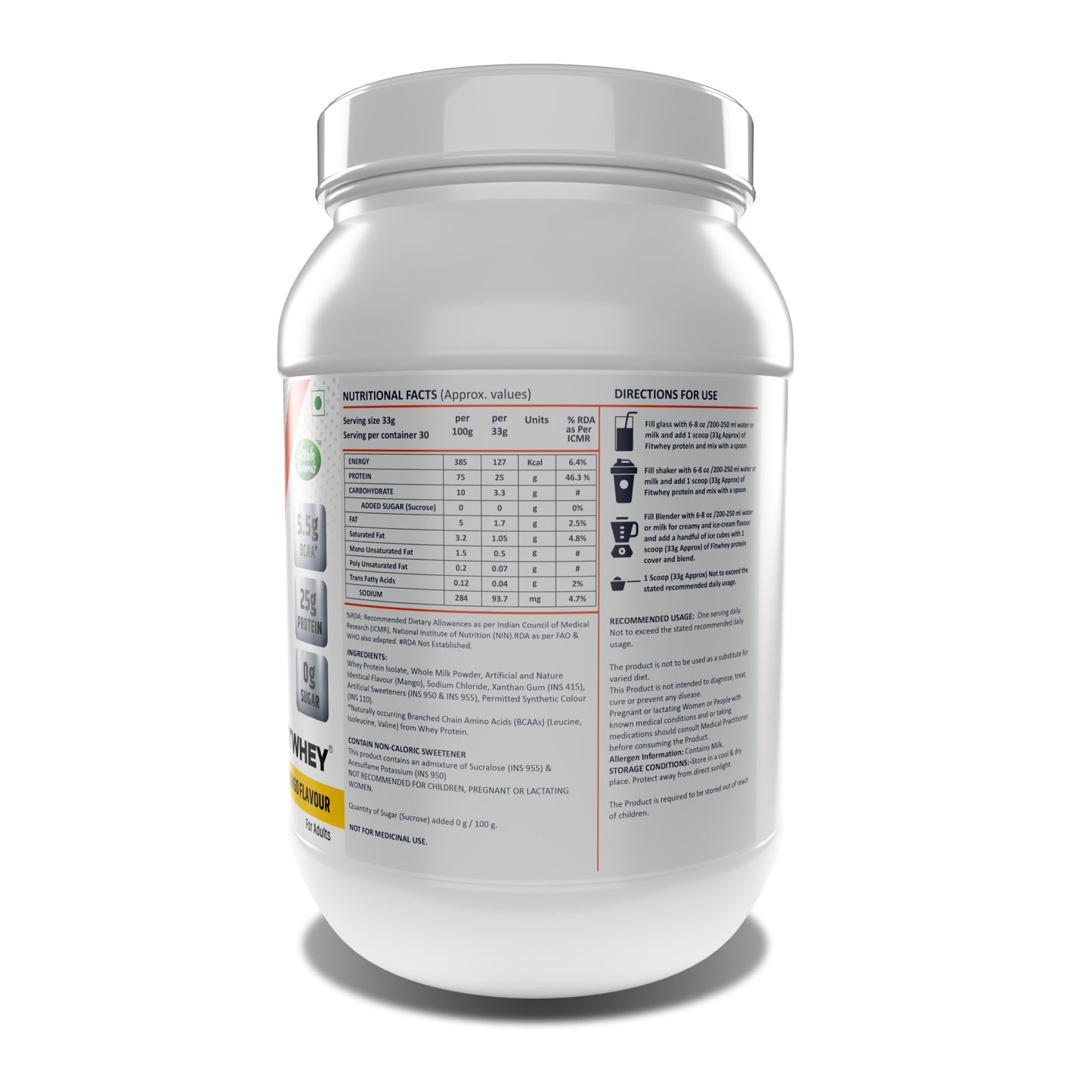 Fitwhey Isolate with 5.5g BCAA | 25g Whey Protein Isolate Per Serving | The Lightest, Tastiest Shake I Easily Palatable