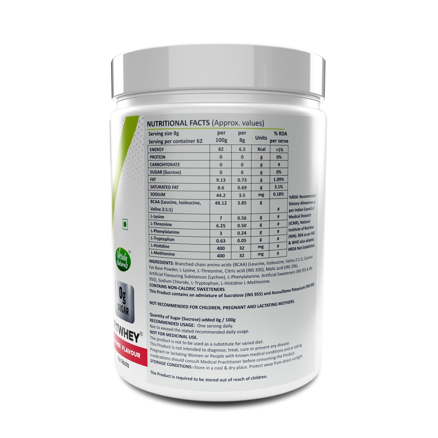 "Fitwhey EAA (Essential Amino Acids) - BCAA (Leucine, Isoleucine, Valine 2:1:1), Pre Workout - Lychee flavor | 62 servings  "
